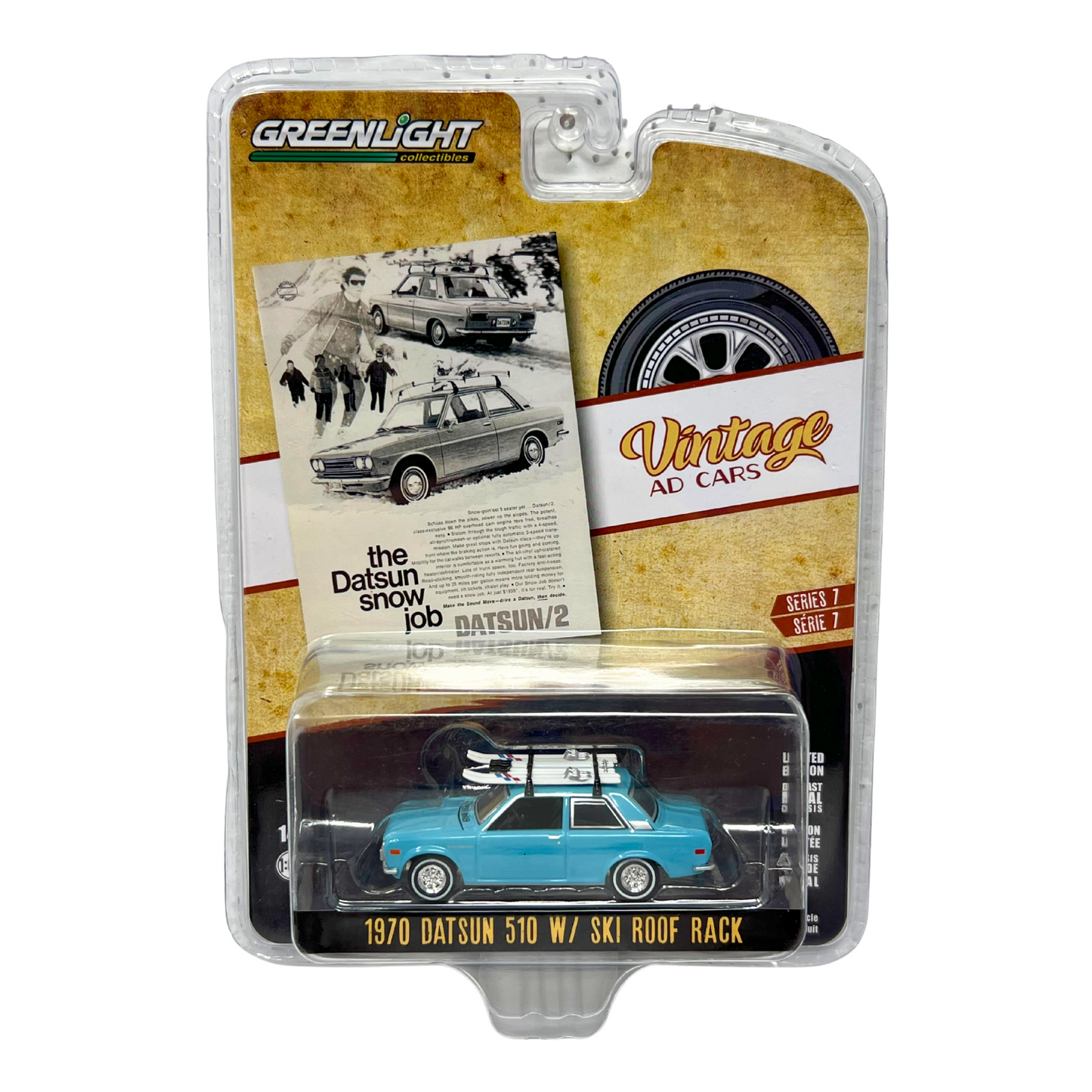 Greenlight Vintage Ad Cars 1970 Datsun 510 with Ski Roof Rack 1:64 Diecast V2
