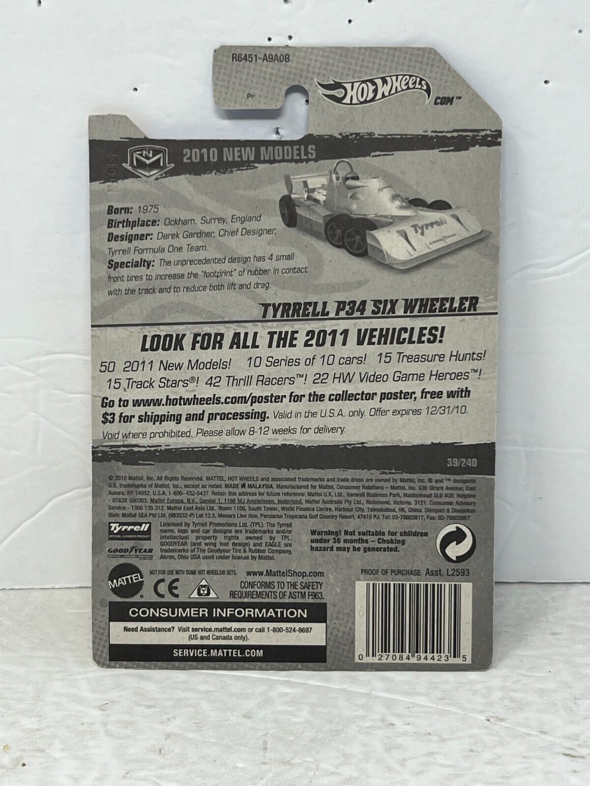 Hot Wheels 2010 New Models Tyrrell P34 Six Wheeler Fantasy Cars 1:64 Diecast Factory Sealed