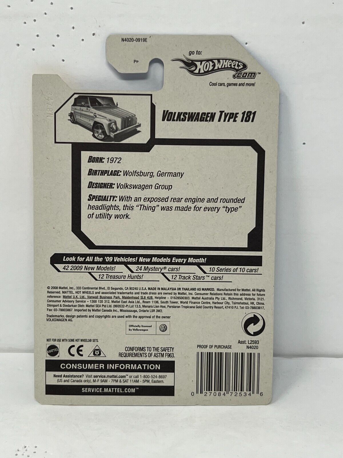 Hot Wheels 2009 New Models Volkswagen Type 181 European Car 1:64 Diecast Factory Sealed