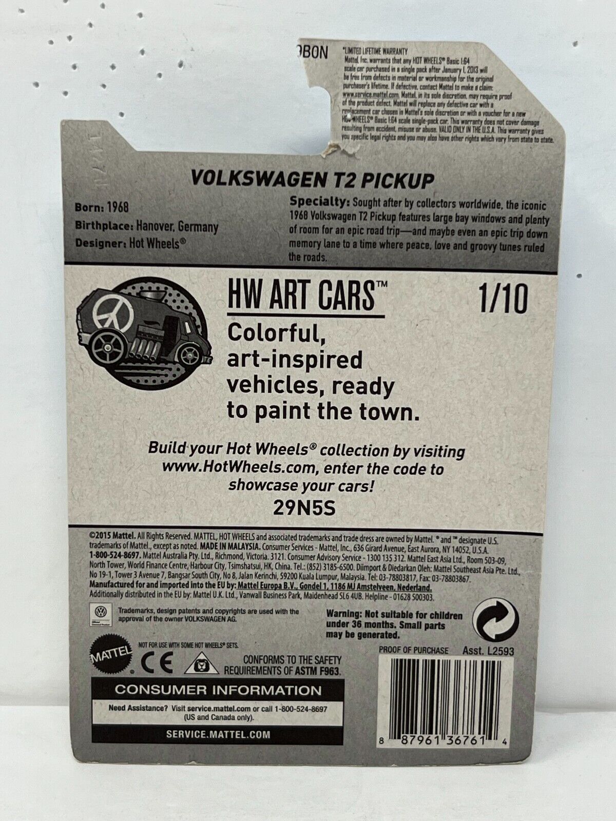 Hot Wheels HW Art Cars Volkswagen T2 Pickup European Car 1:64 Diecast