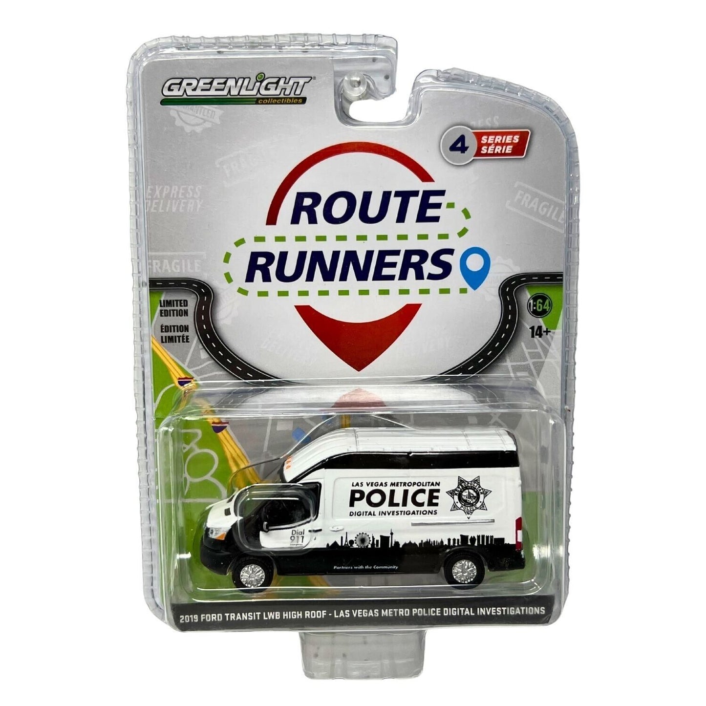 Greenlight Route Runners 2019 Ford Transit LWB High Roof 1:64 Diecast