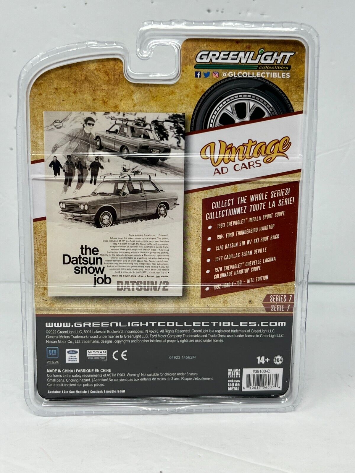 Greenlight Vintage Ad Cars 1970 Datsun 510 with Ski Roof Rack 1:64 Diecast V2