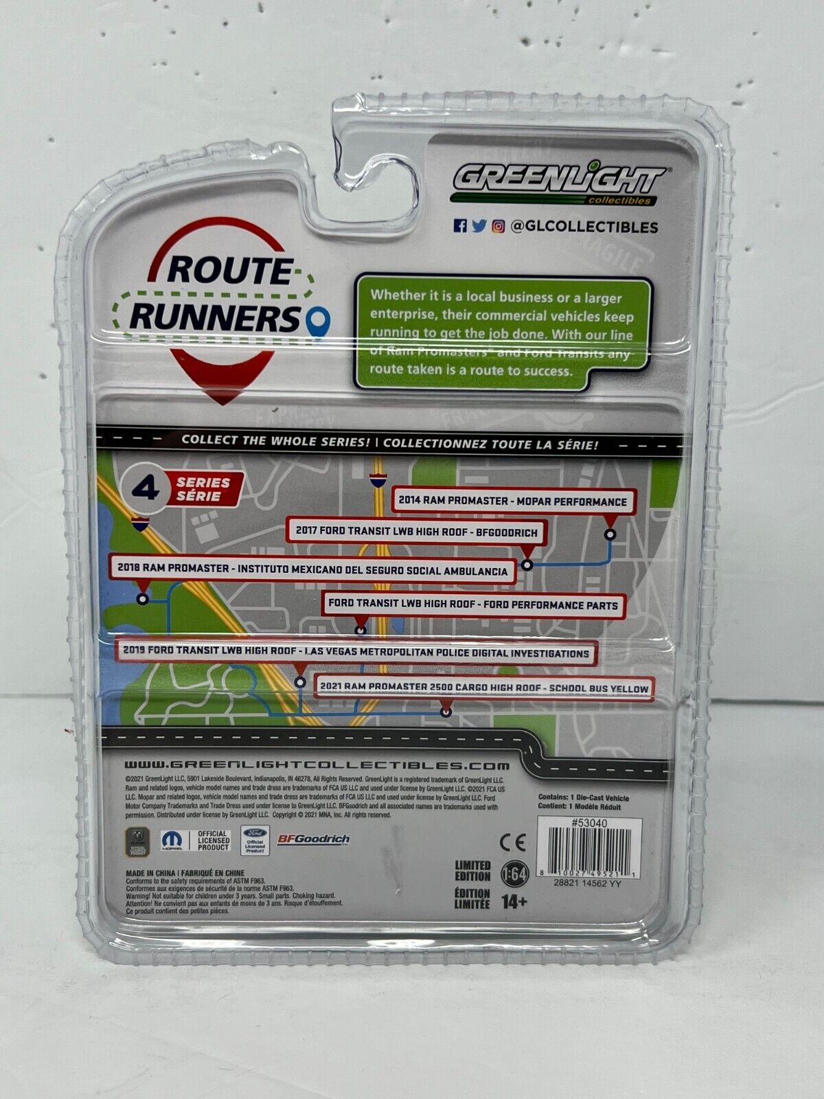 Greenlight Route Runners 2019 Ford Transit LWB High Roof 1:64 Diecast