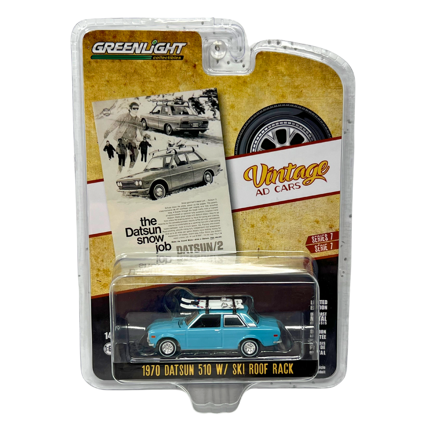 Greenlight Vintage Ad Cars 1970 Datsun 510 with Ski Roof Rack 1:64 Diecast V3