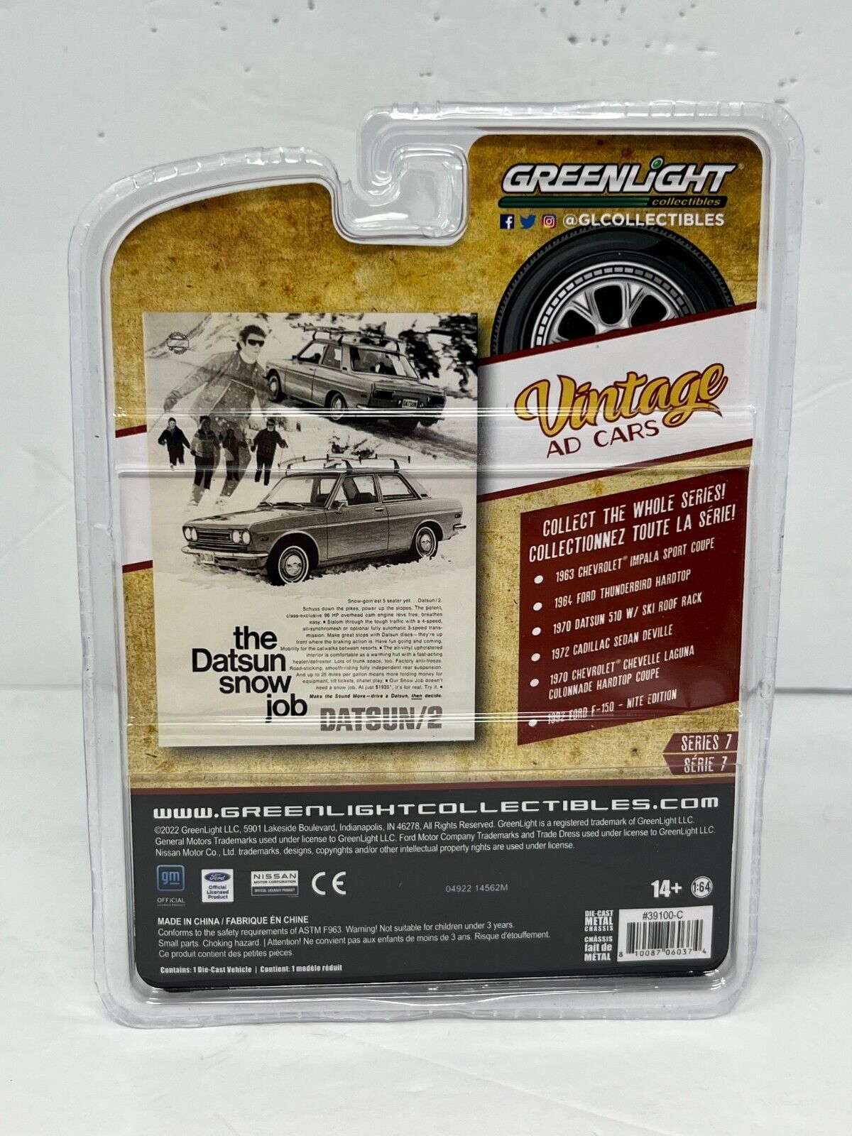 Greenlight Vintage Ad Cars 1970 Datsun 510 with Ski Roof Rack 1:64 Diecast