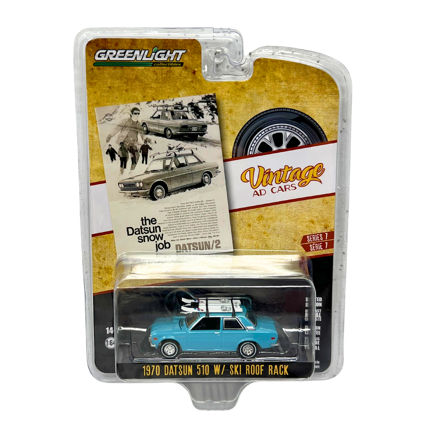 Greenlight Vintage Ad Cars 1970 Datsun 510 with Ski Roof Rack 1:64 Diecast