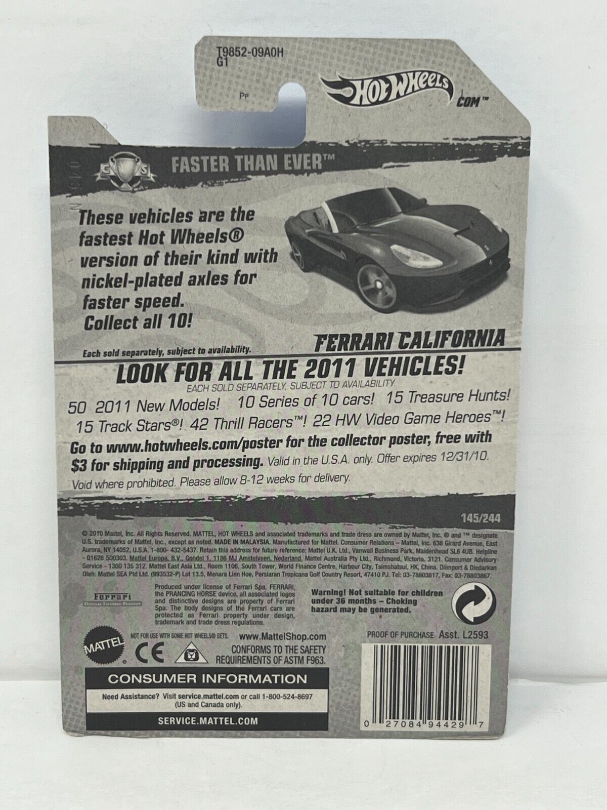 Hot Wheels Faster Than Ever 2011 Ferrari California Black European Car 1:64 Diecast Factory