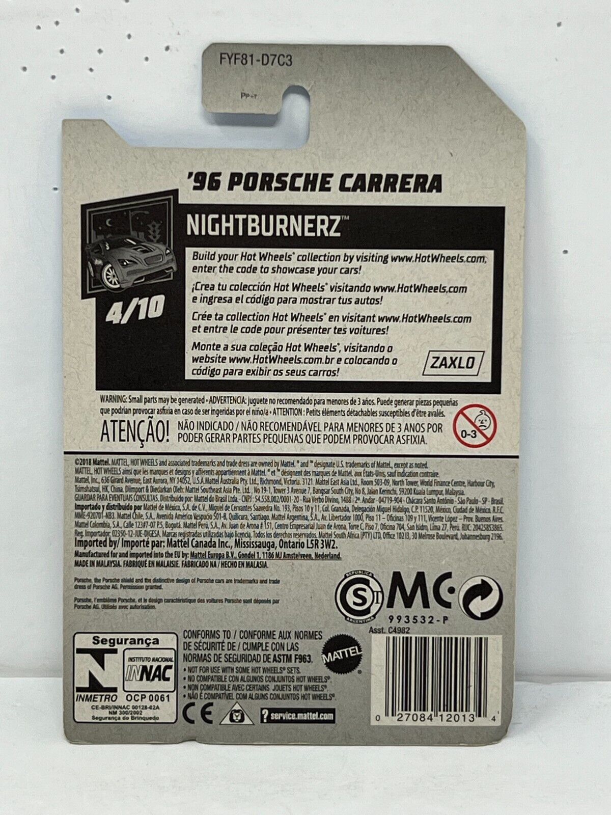 Hot Wheels Nightburnerz 1996 Porsche Carrera European Car 1:64 Diecast Blue