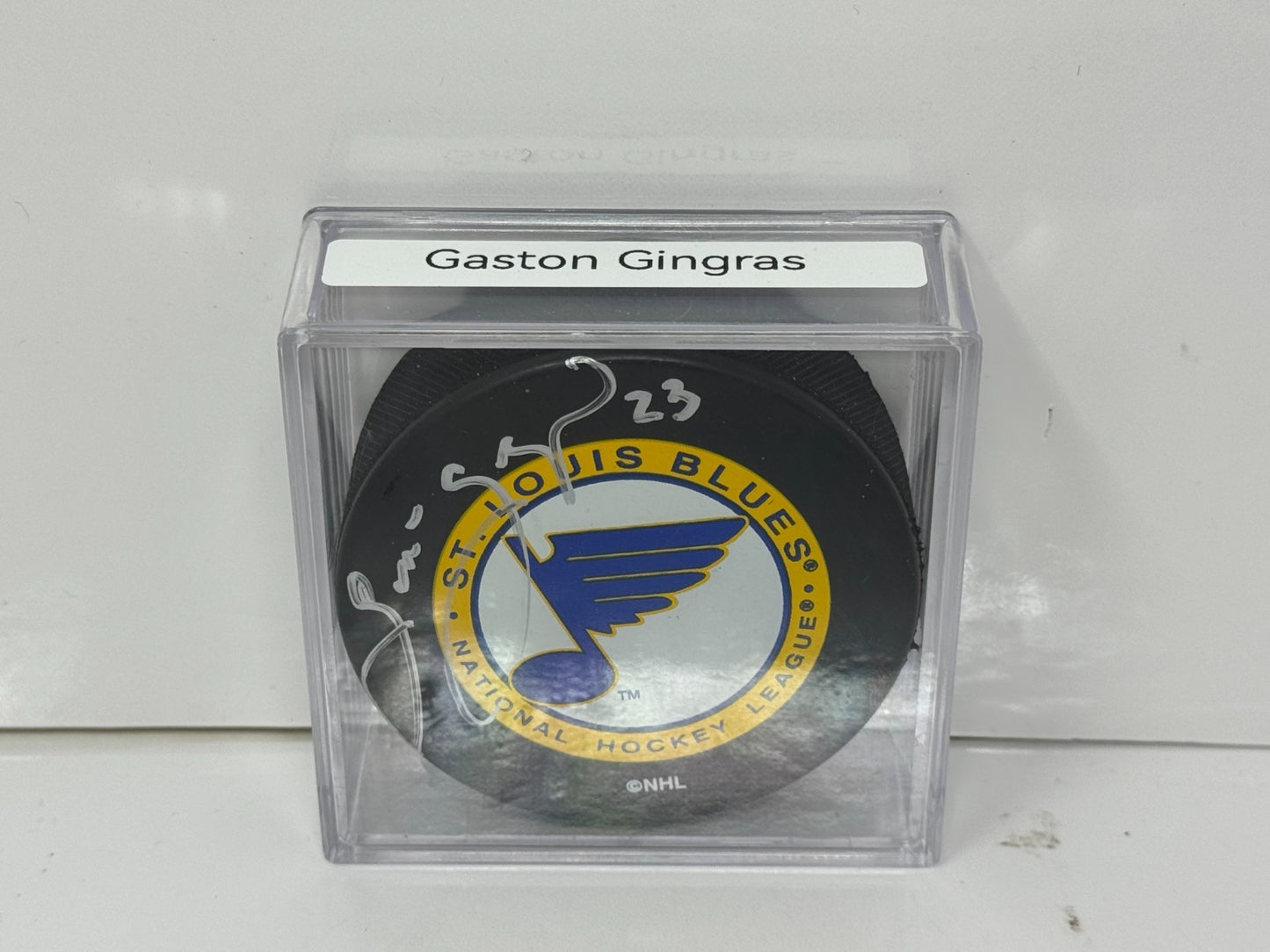Gaston Gingras St. Louis Blues Signed NHL Autograph Puck Silver Auto