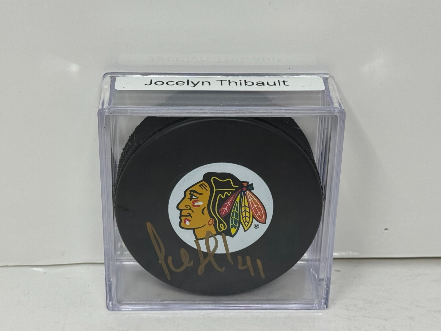 Jocelyn Thibault Chicago Blackhawks Signed NHL Autograph Puck Gold Auto