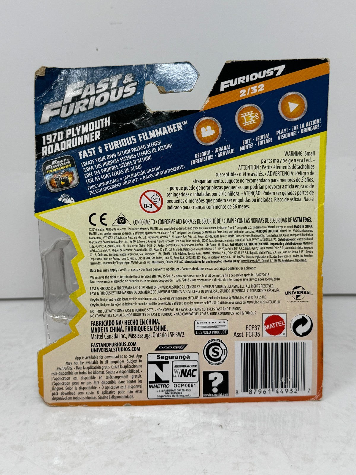 Mattel Fast & Furious 1970 Plymouth Road Runner Furious 7 1:55 Diecast