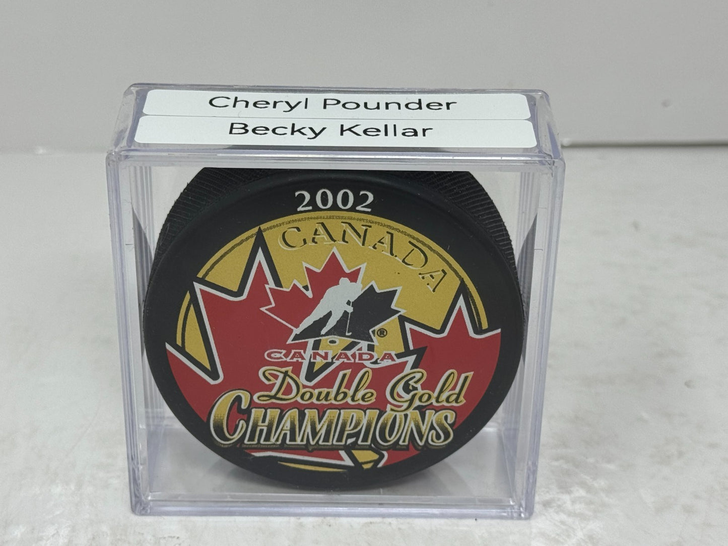 Cheryl Pounder & Becky Kellar Team Canada Autograph Puck Gold Auto