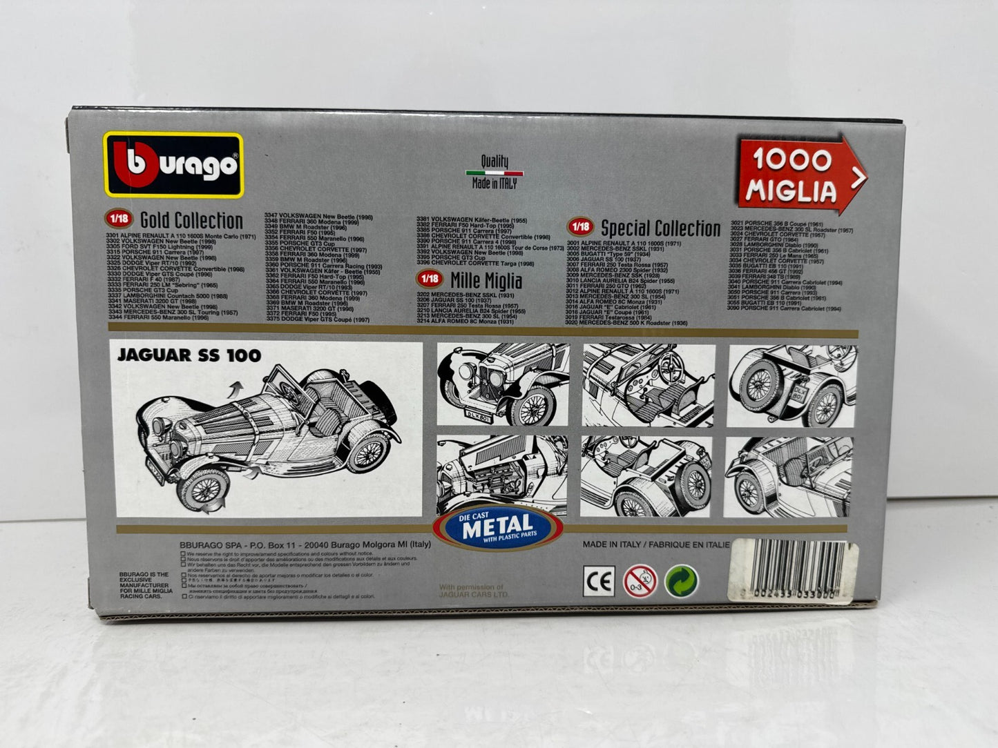 Bburago 1000 Miglia 1937 Jaguar SS 100 1:18 Diecast