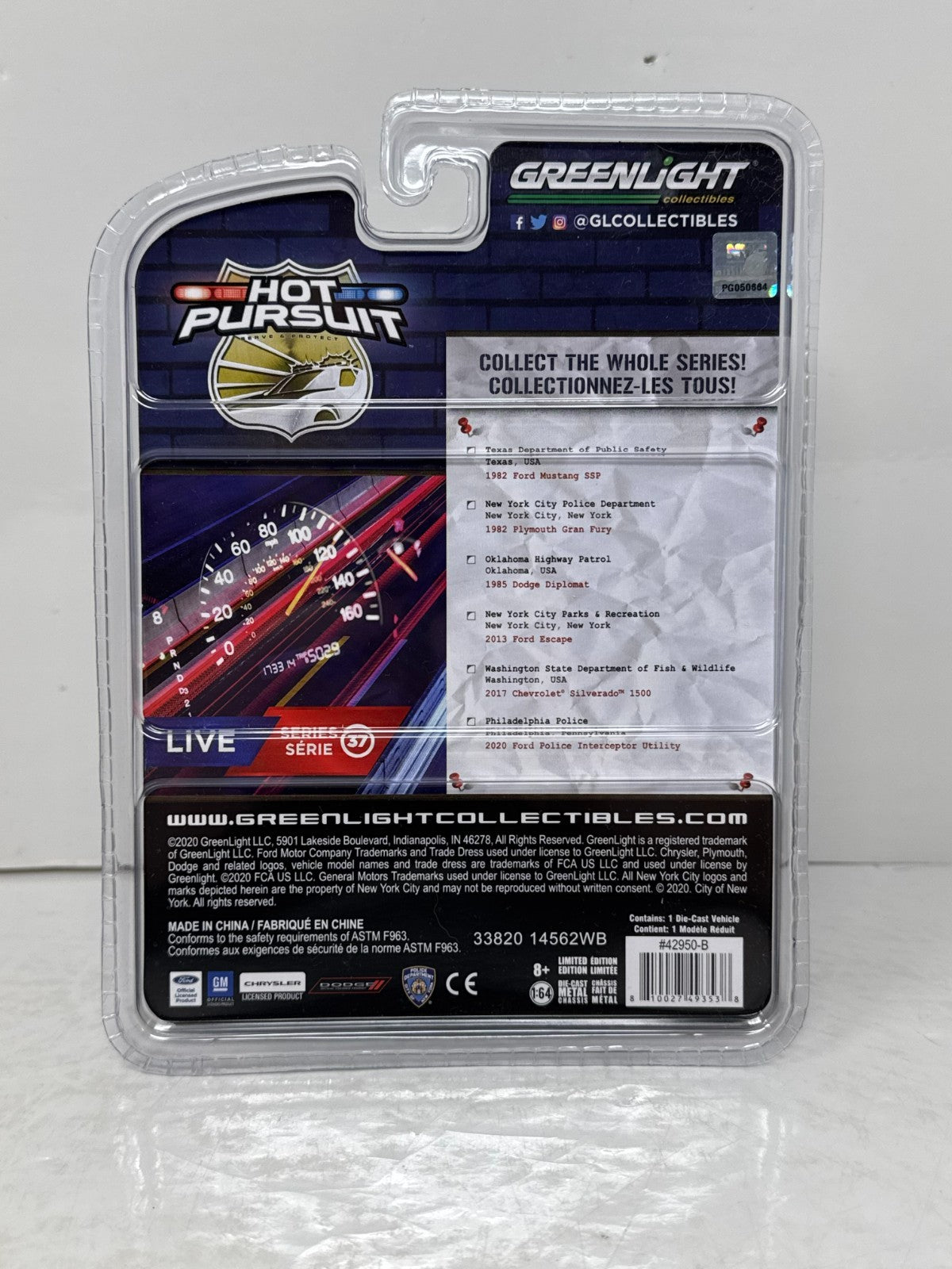 Greenlight Hot Pursuit Series 37 NYPD 1982 Plymouth Gran Fury CHASE 1:64 Diecast