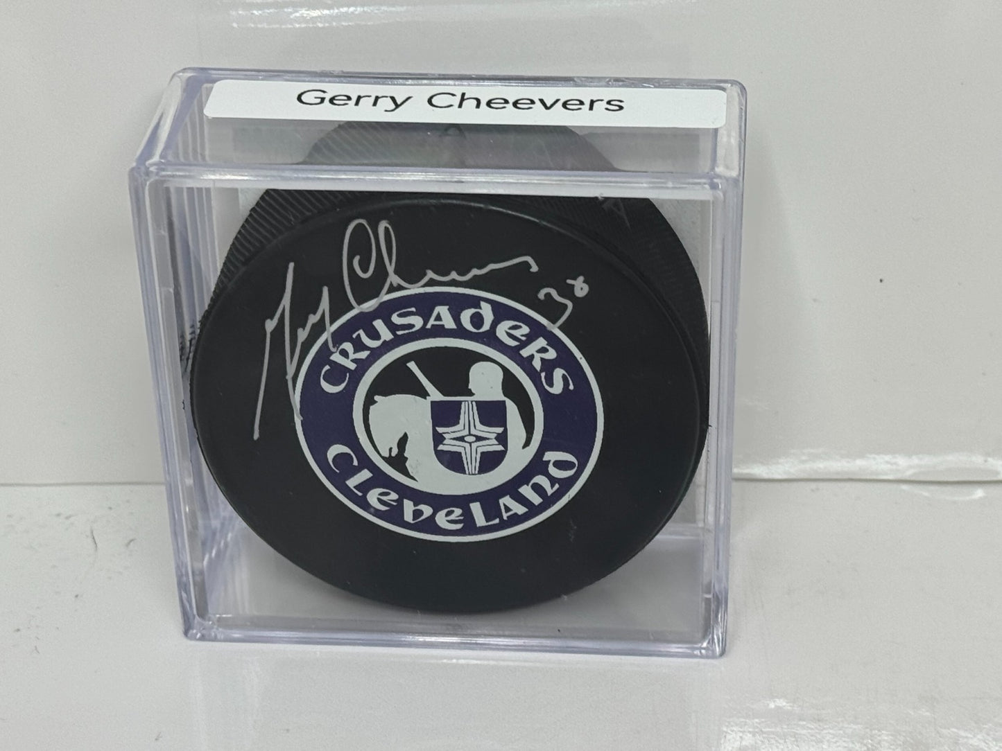 Gerry Cheevers Cleveland Crusaders Signed NHL Autograph Puck Silver Auto COA AJ