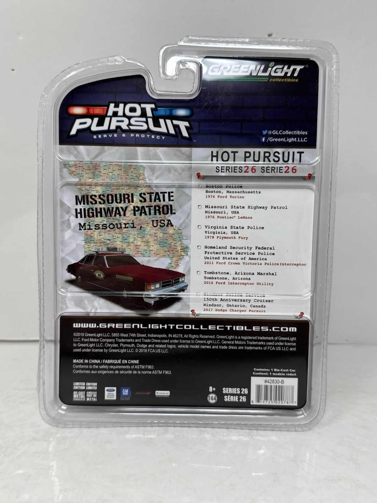 Greenlight Hot Pursuit 1976 Pontiac LeMans Missouri State Patrol 1:64 Diecast