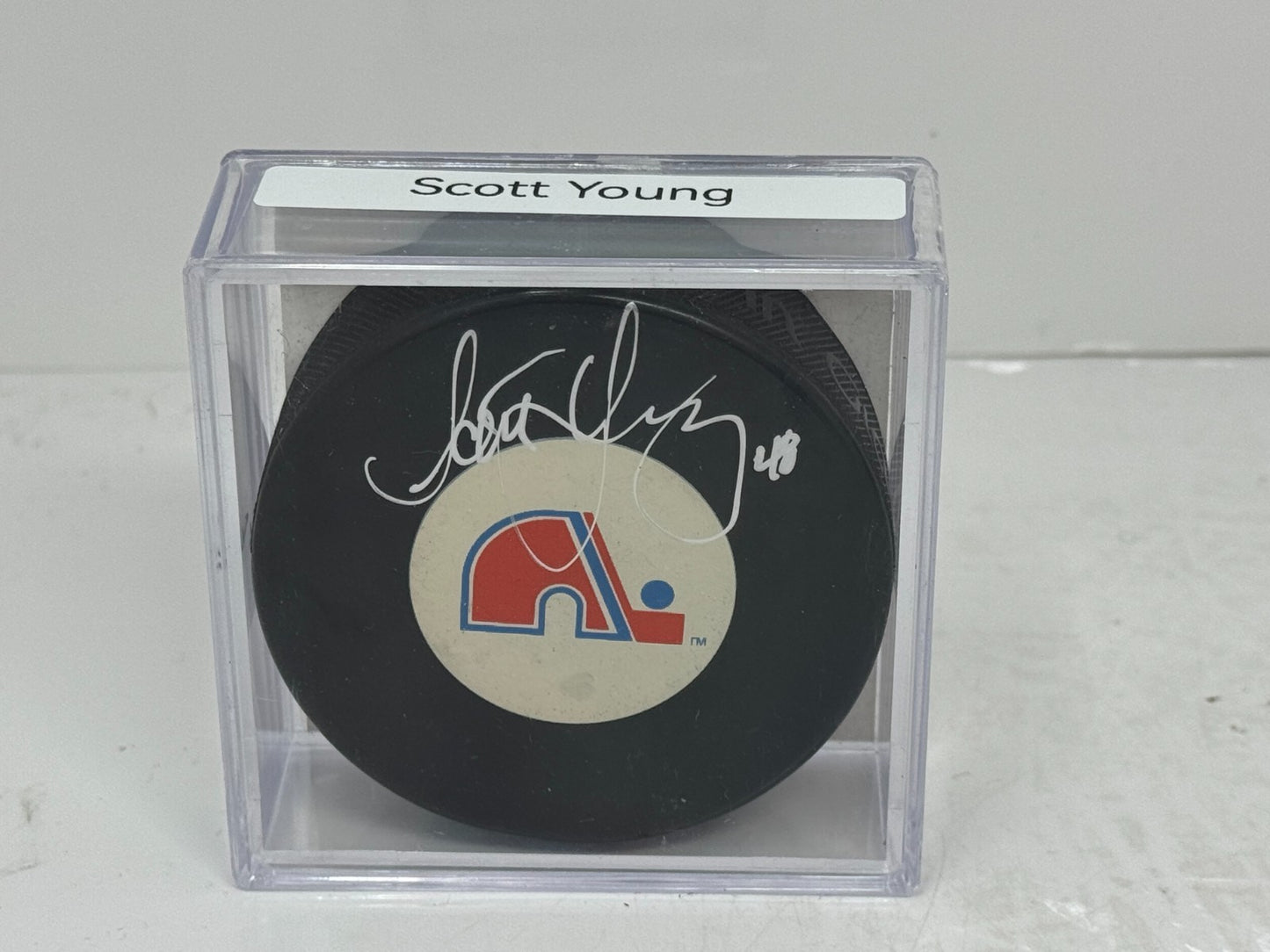 Scott Young Quebec Nordiques Signed NHL Autograph Puck Silver Auto COA AJ Sports