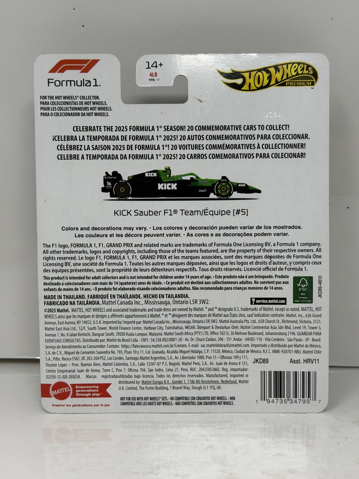 Hot Wheels Premium Formula 1 Kick Sauber F1 Team #5 1:64 Diecast