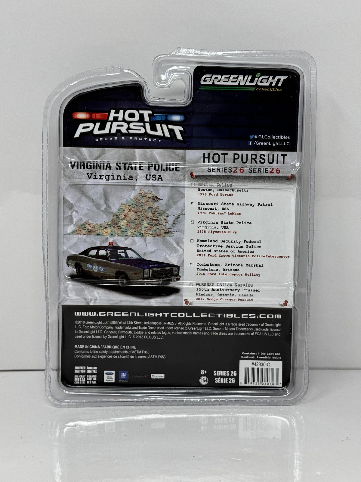 Greenlight Hot Pursuit 1978 Plymouth Fury Virginia State Police 1:64 Diecast