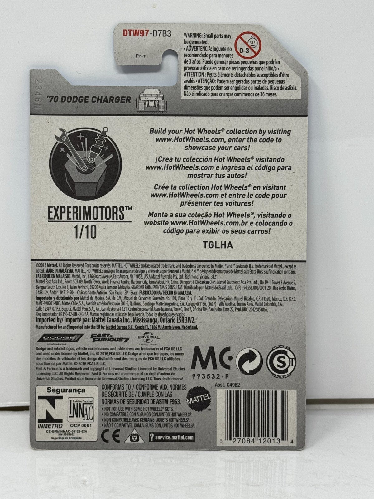 Hot Wheels Experimotors 1970 Dodge Charger Fast & Furious Muscle Car 1:64 Diecast