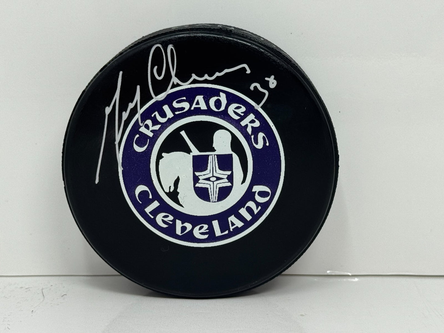 Gerry Cheevers Cleveland Crusaders Signed NHL Autograph Puck Silver Auto COA AJ