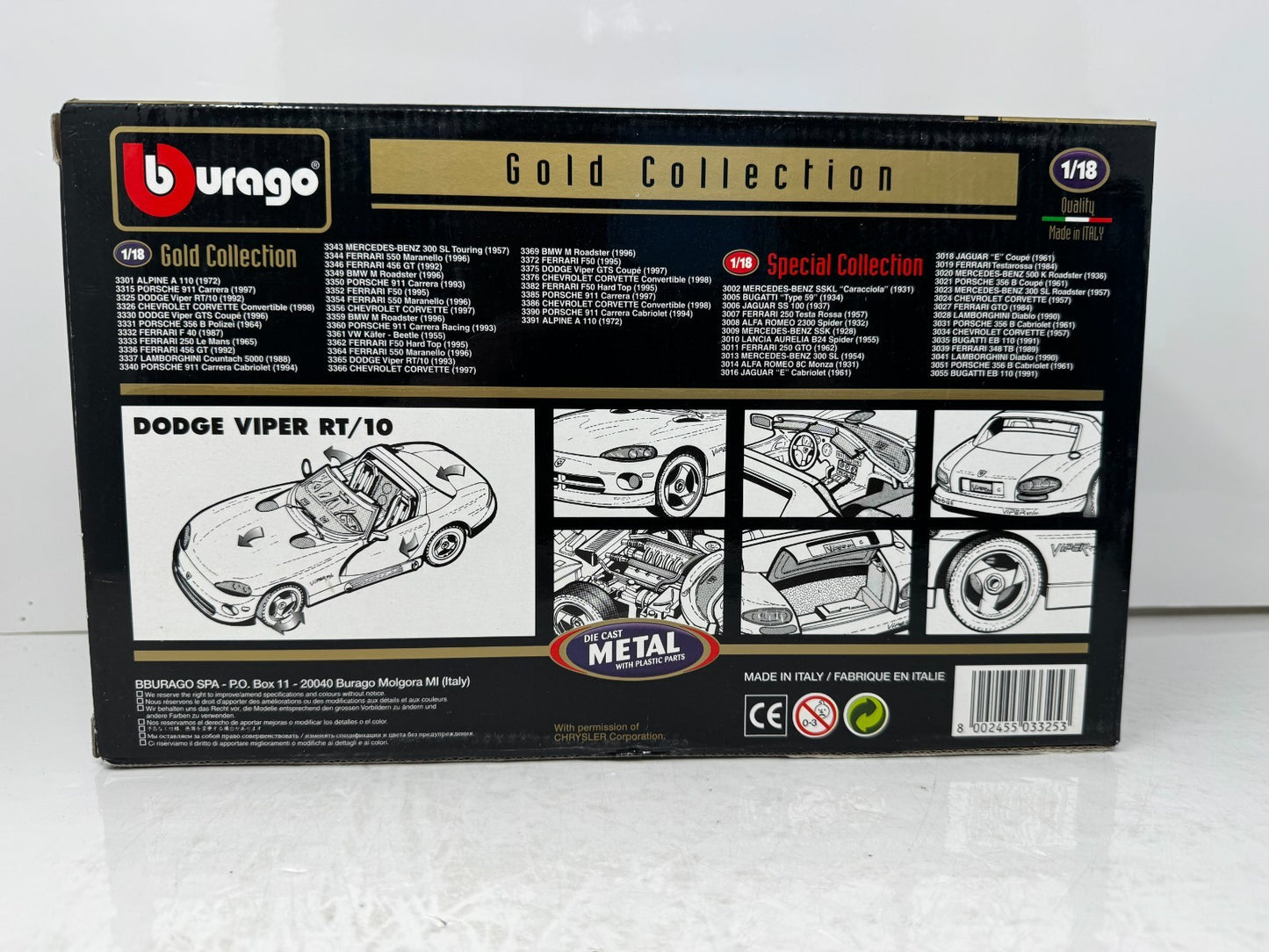 Bburago 1992 Dodge Viper RT/10 1:18 Diecast Gold Collection