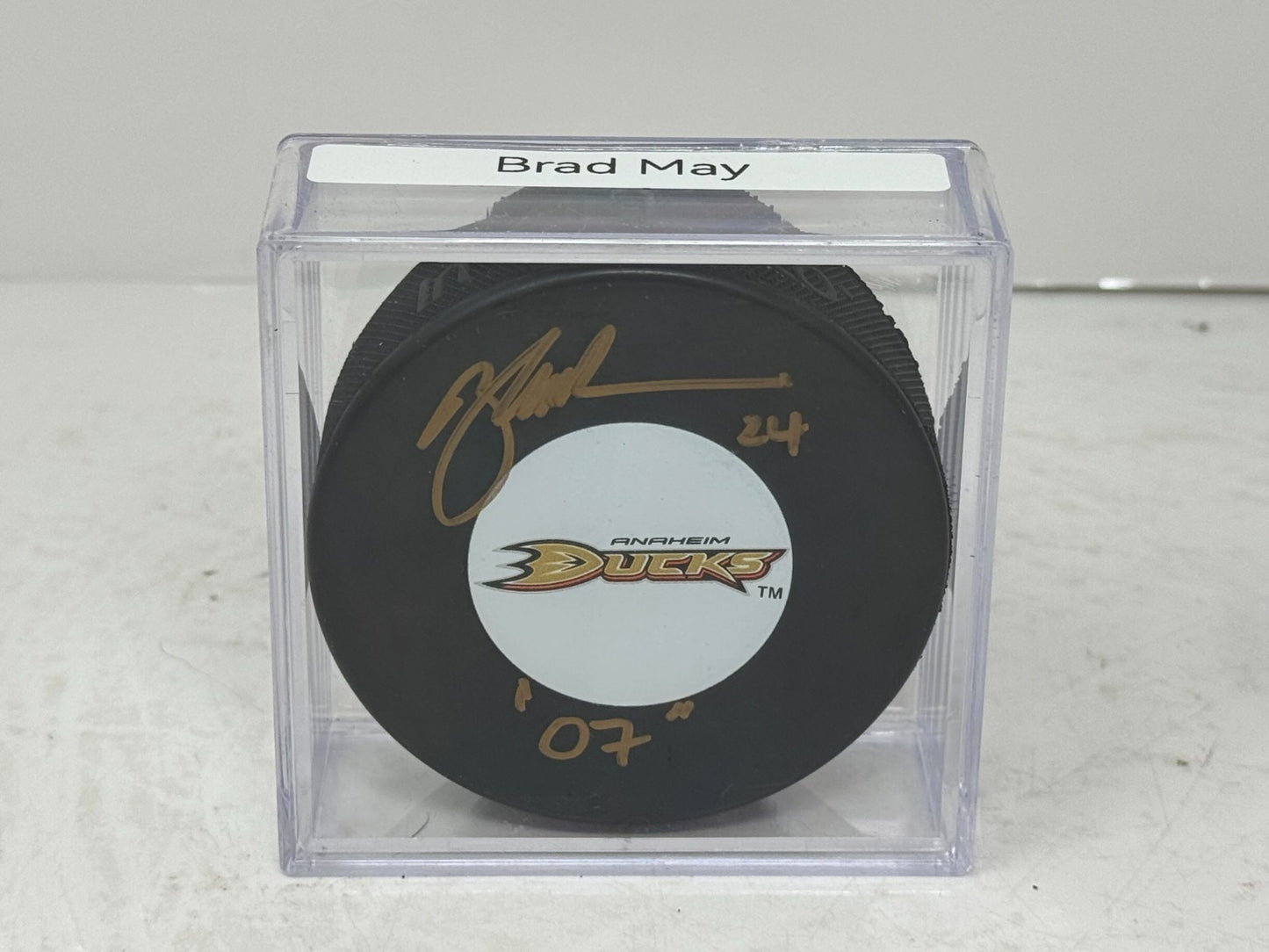 Brad May Anaheim Ducks Signed NHL Autograph Puck Gold Auto