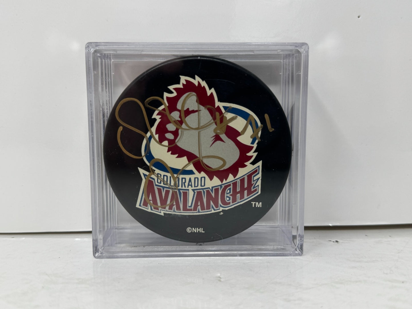 Patrice Brisebois Colorado Avalanche Signed NHL Autograph Puck Gold Auto