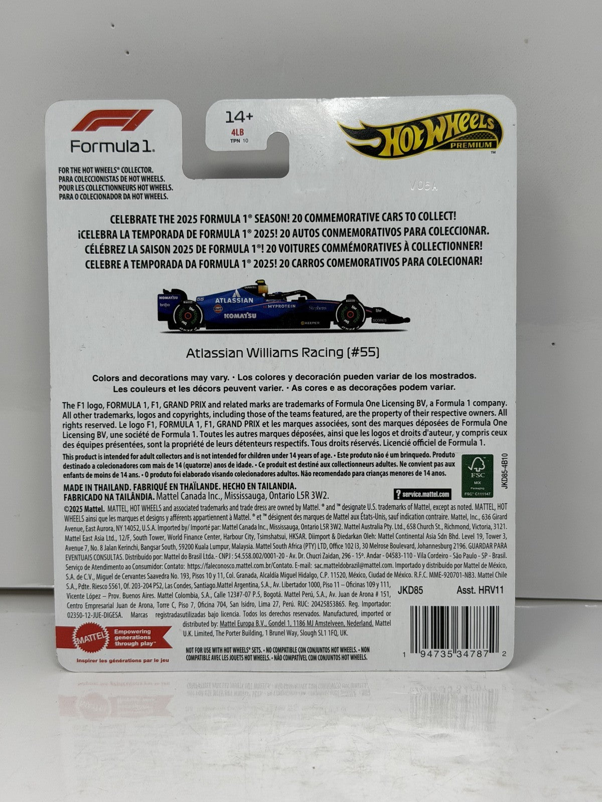 Hot Wheels Premium Formula 1 Atlassian Williams Racing #55 1:64 Diecast