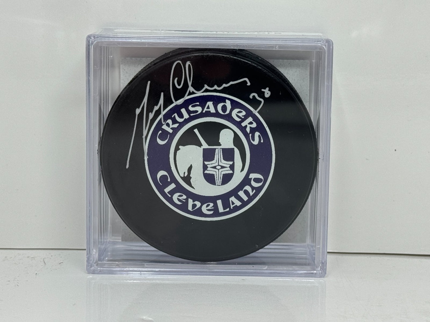 Gerry Cheevers Cleveland Crusaders Signed NHL Autograph Puck Silver Auto COA AJ