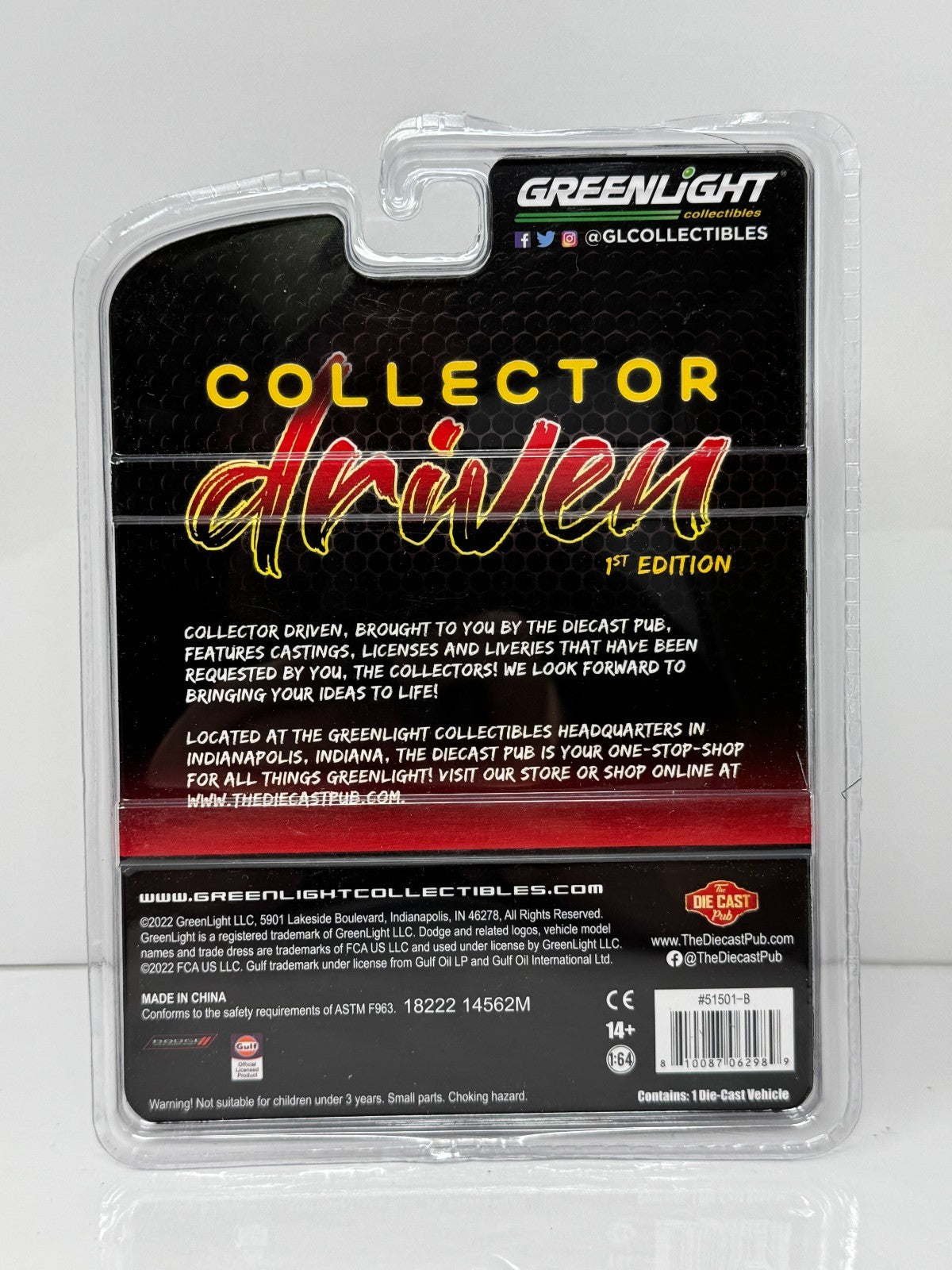 Greenlight Collector Driven 2018 Dodge Charger SRT Hellcat Gulf 1:64 Diecast