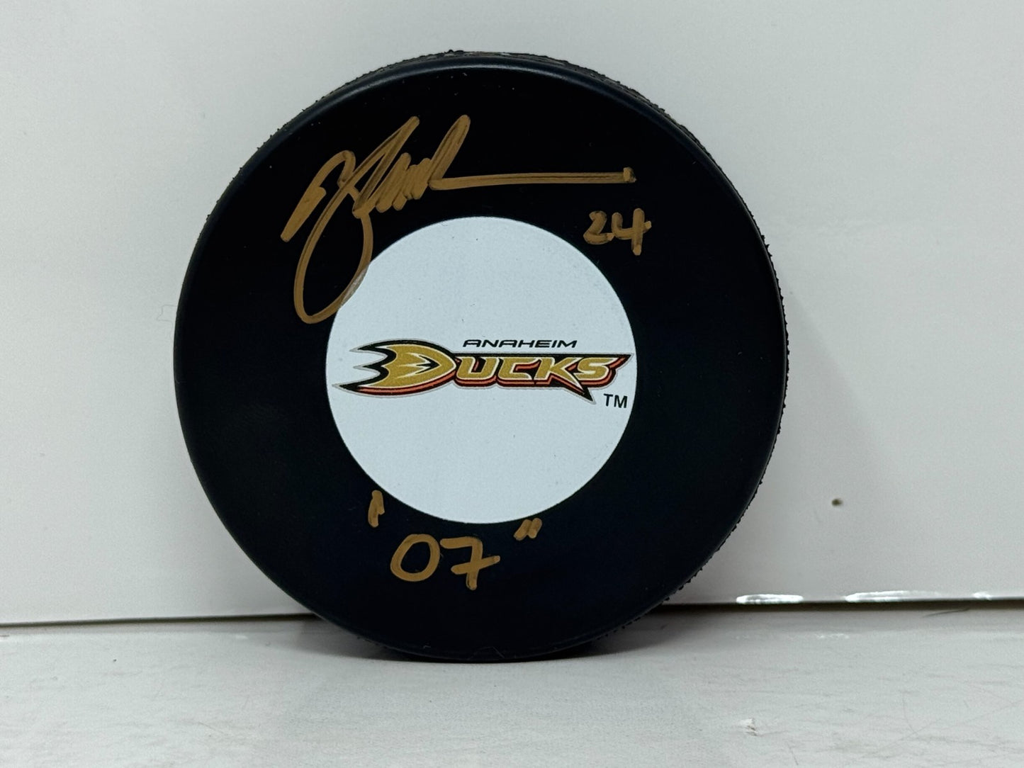Brad May Anaheim Ducks Signed NHL Autograph Puck Gold Auto