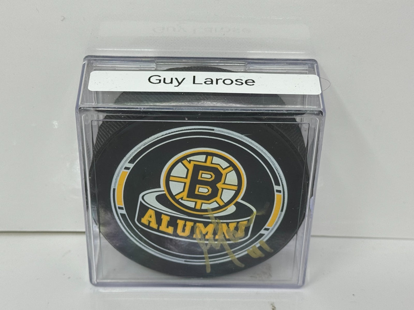 Guy Larose Boston Bruins Alumni Signed NHL Autograph Puck Gold Auto