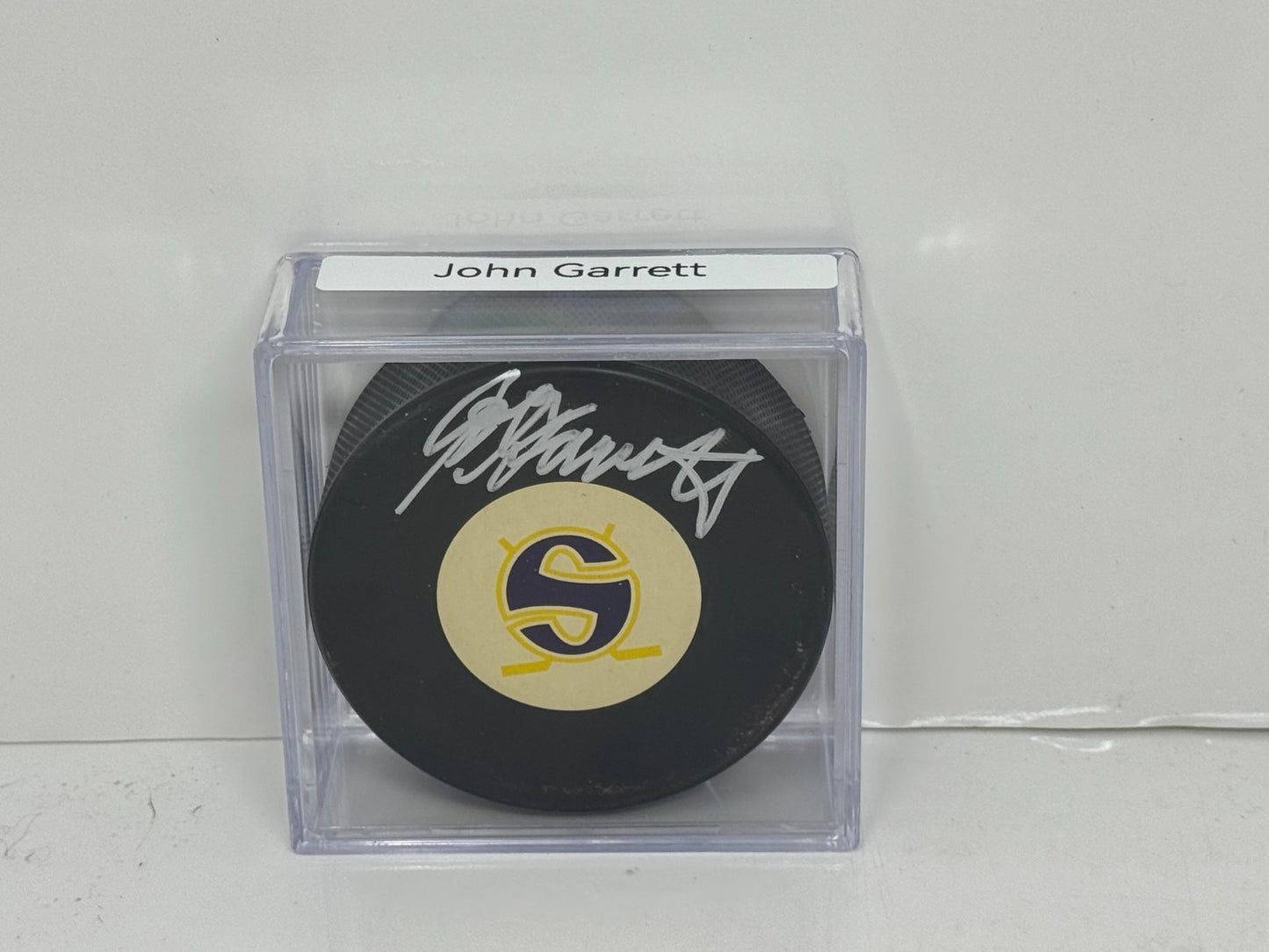John Garrett Minnesota Fighting Saints Signed NHL Autograph Puck Silver Auto