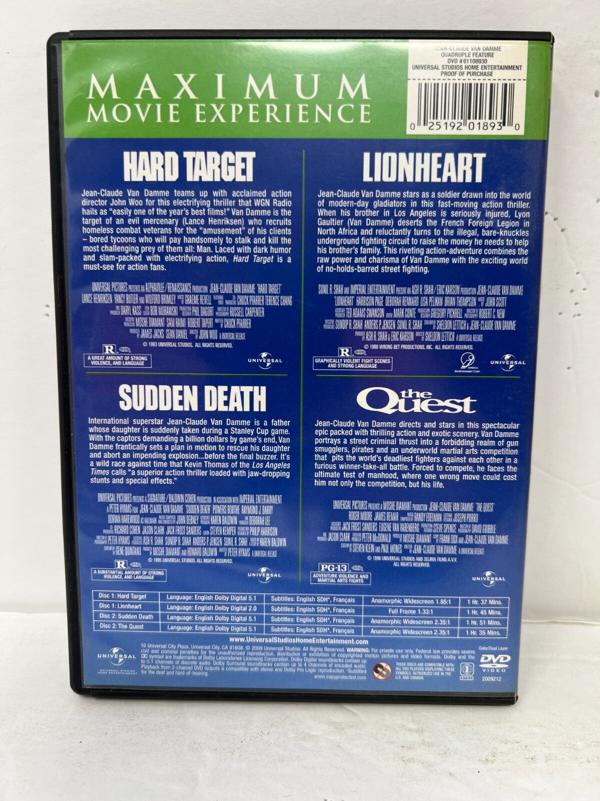 Lionheart / Hard Target / Sudden Death / The Quest (DVD) Action Good Condition!!