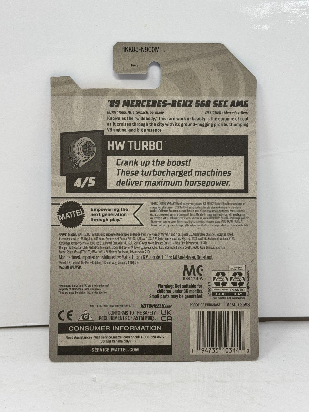 Hot Wheels HW Turbo 1989 Mercedes-Benz 560 SEC AMG 1:64 Diecast Silver