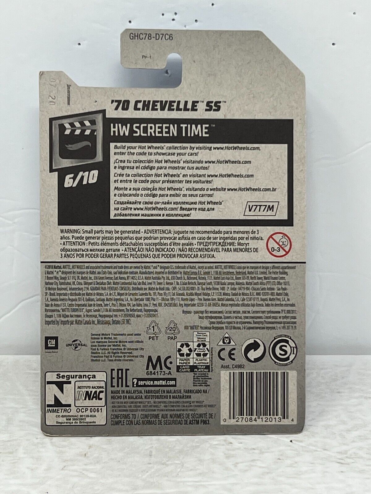 Hot Wheels HW Screen Time Fast and Furious '70 Chevelle SS POP Culture Muscle Car 1:64 Diecast