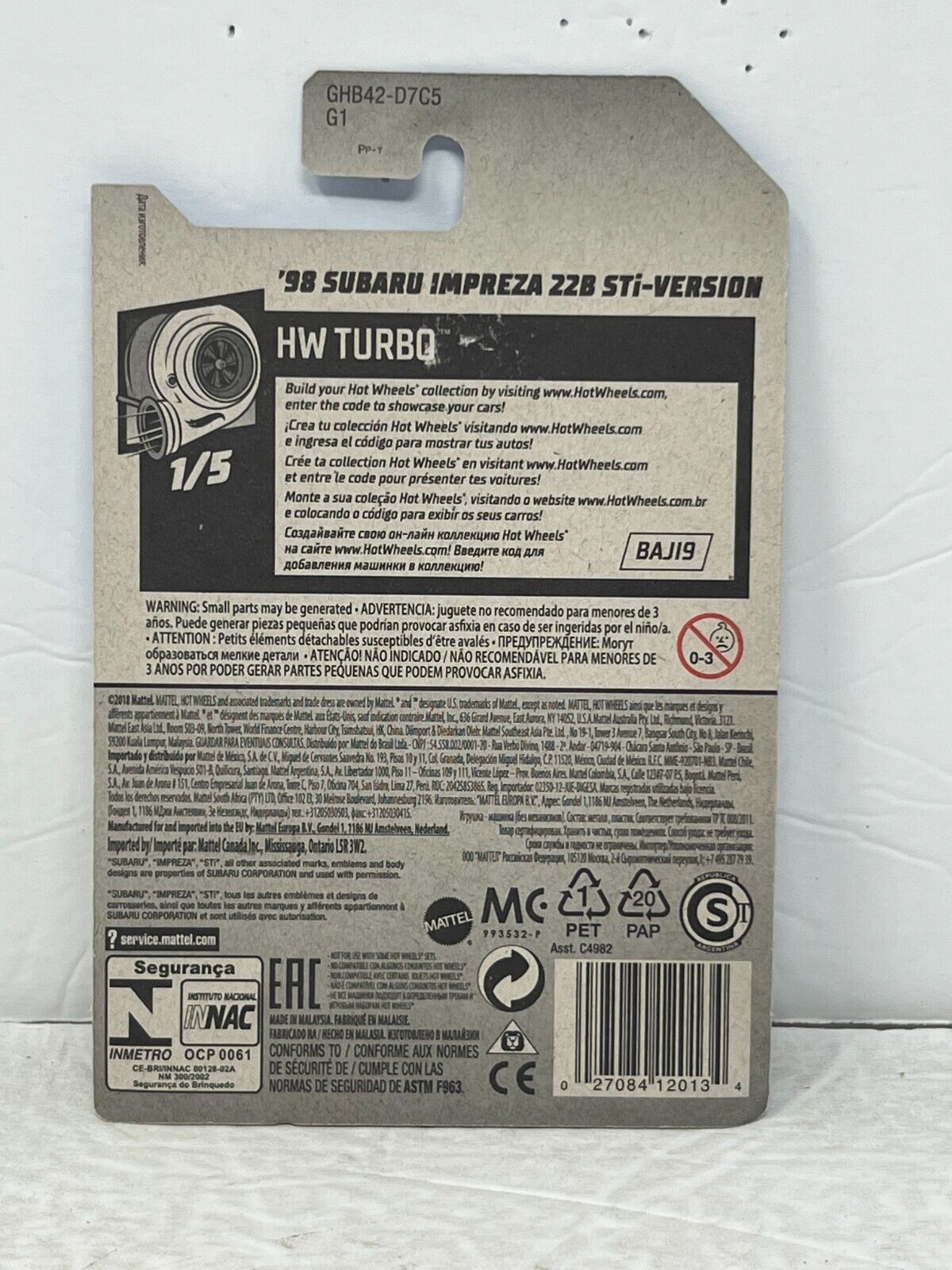 Hot Wheels HW Turbo 1998 Subaru Impreza 22B-STi Version JDM 1:64 Diecast