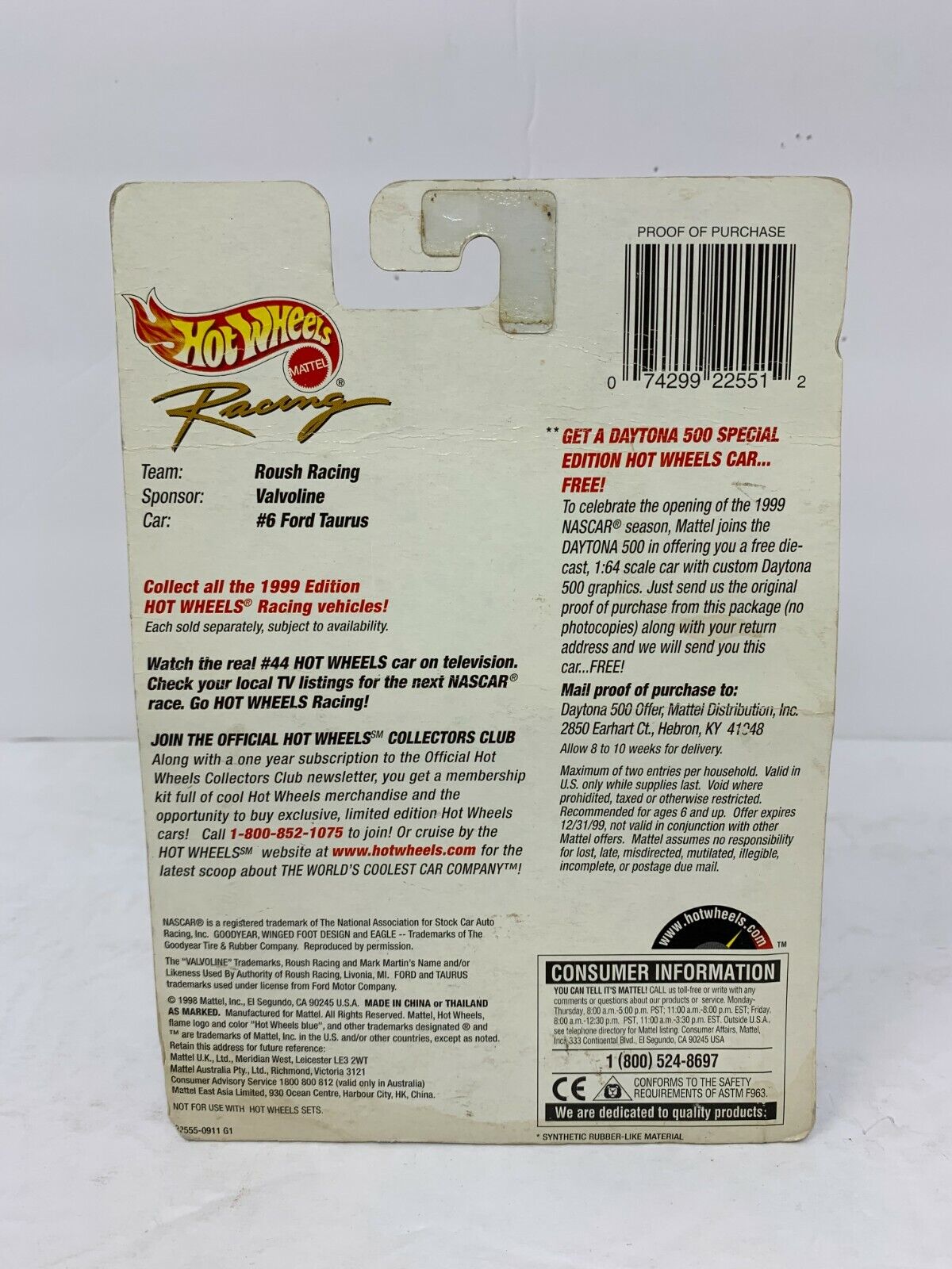 Hot Wheels Racing #6 Valvoline Mark Martin 1999 Ford Taurus Nascar 1:64 Diecast