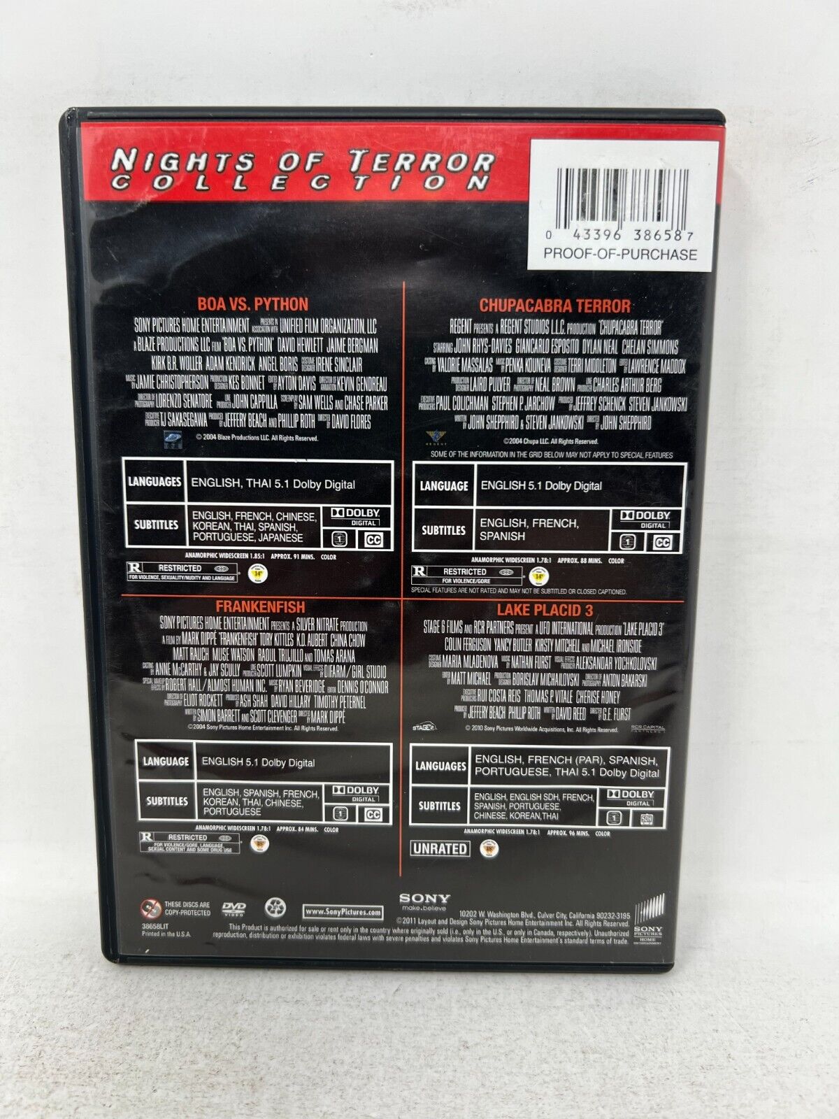 Nights of Terror Collection (DVD, 2011) Boa vs. Python Frankenfish Lake Placid 3