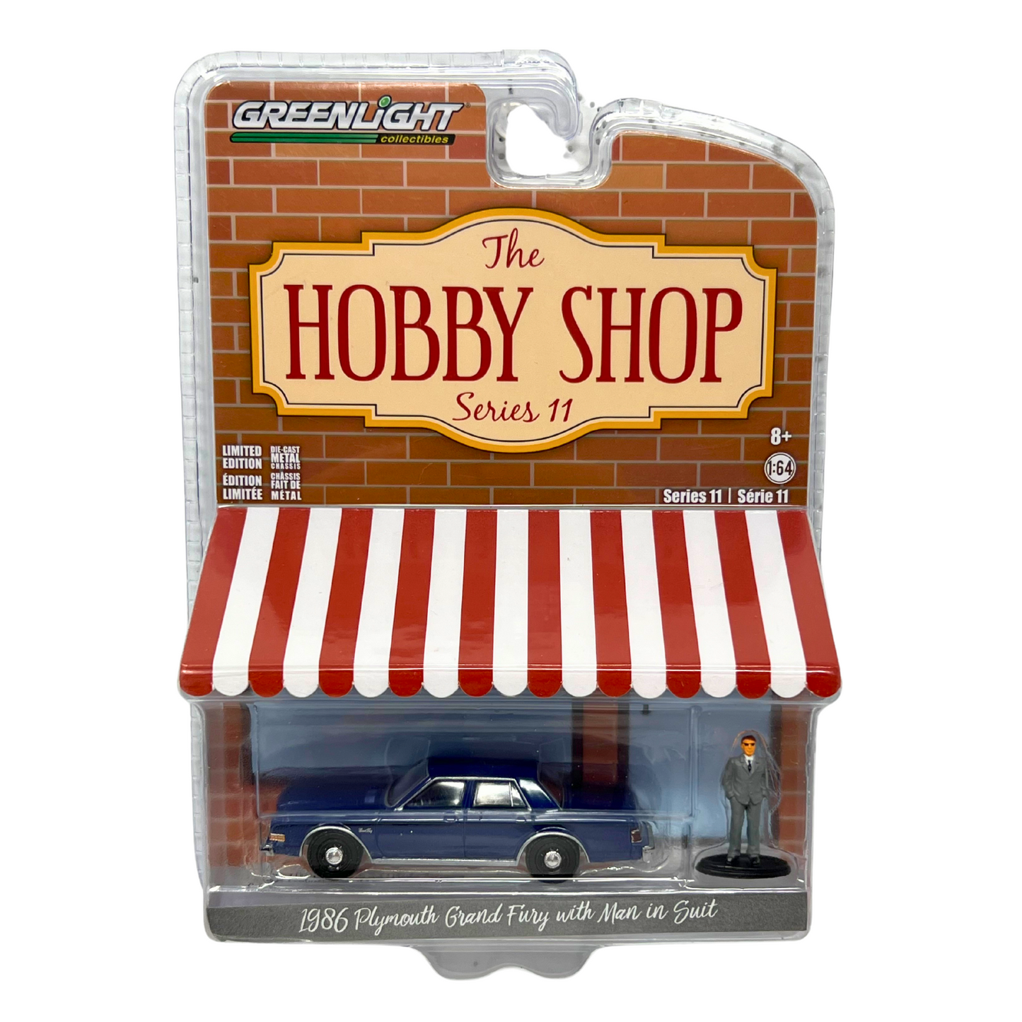 Greenlight Hobby Shop 1986 Plymouth Grand Fury with Man in Suit 1:64 Diecast V2