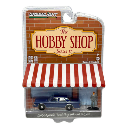 Greenlight Hobby Shop 1986 Plymouth Grand Fury with Man in Suit 1:64 Diecast V2