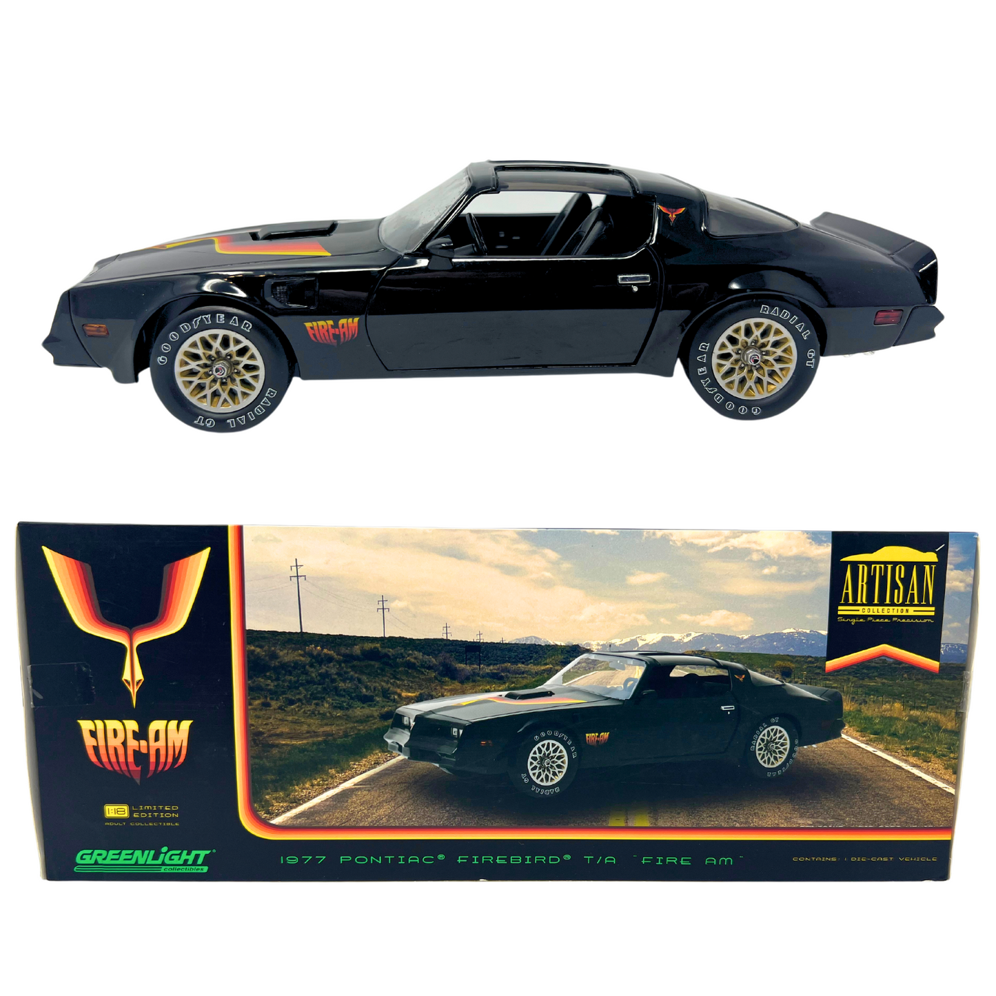 Greenlight 1977 Pontiac Trans Am Starlite Black & Golden Eagle Hood 1:18 Diecast