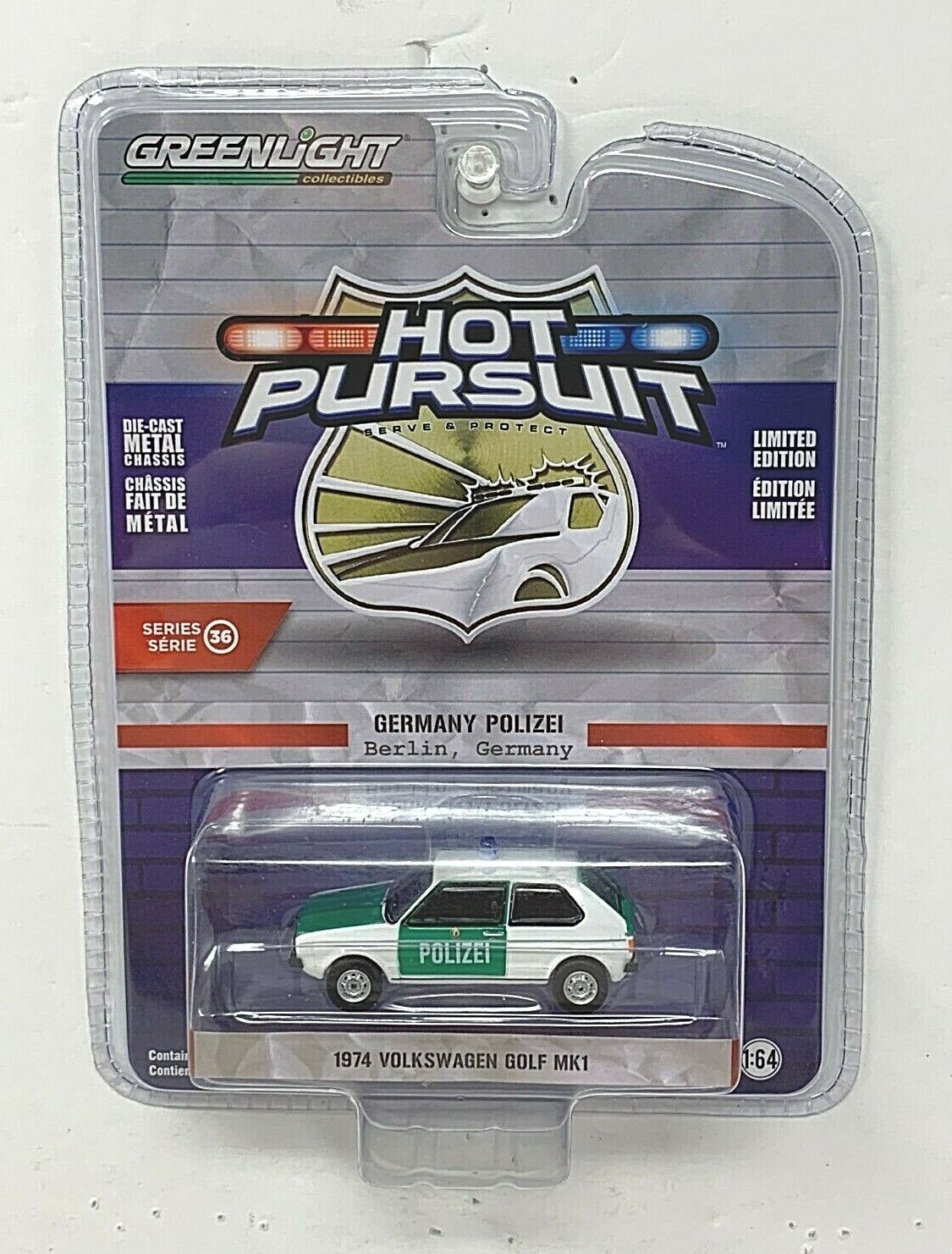 Greenlight German Polizei 1974 Volkswagen Golf MK1 Club Hot Pursuit 1:64 Diecast