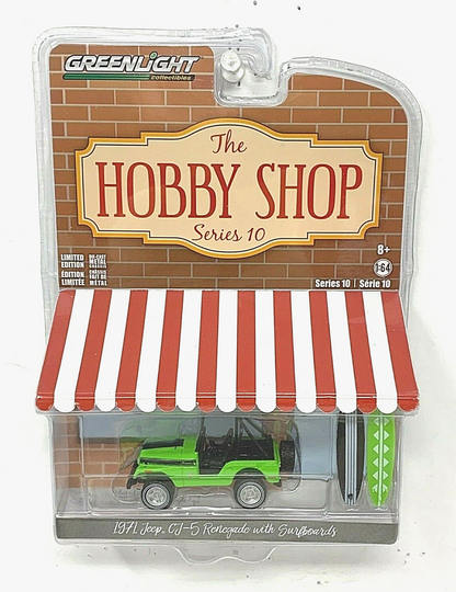 Greenlight 1971 Jeep CJ-5 Renegade with Surfboard The Hobby Shop 1:64 Diecast