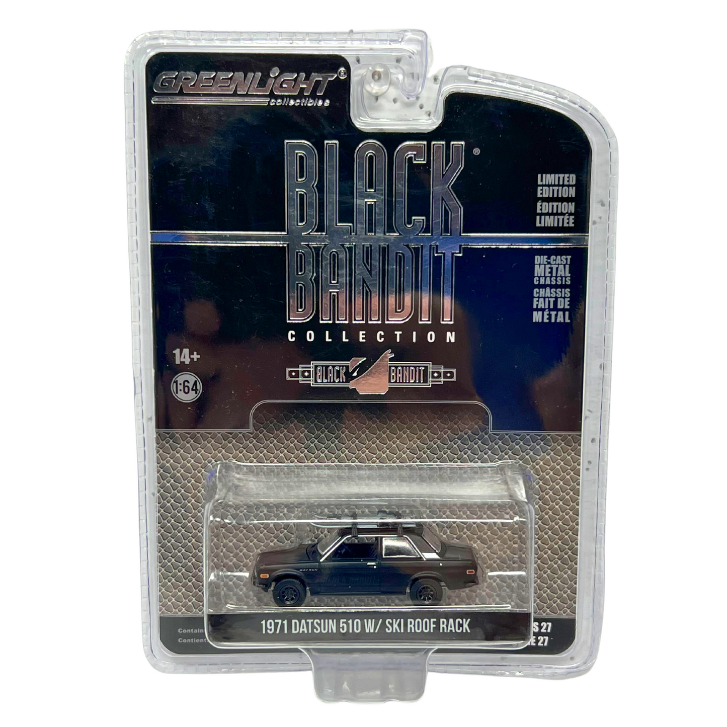 Greenlight Black Bandit 1971 Datsun 510 w Ski Roof Rack 1:64 Diecast