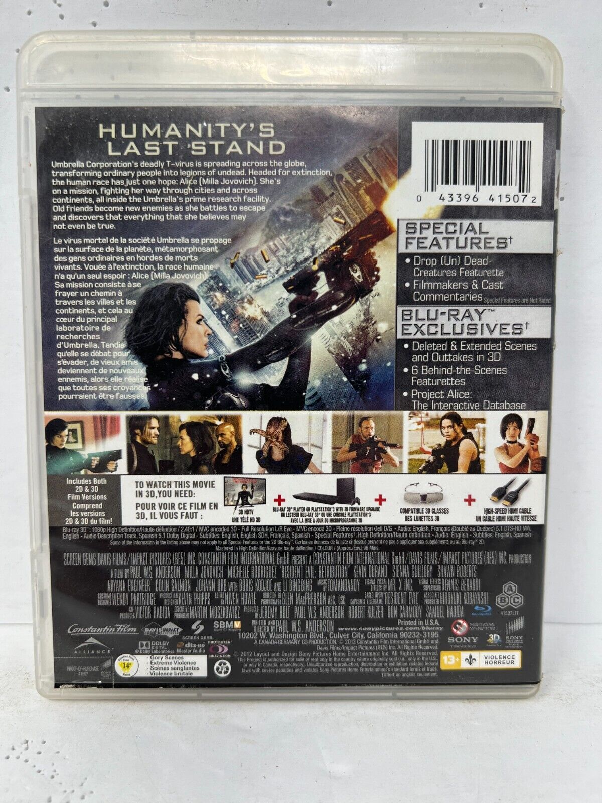 Resident Evil: Retribution (Blu-ray 3D) Horror Good Condition!!!