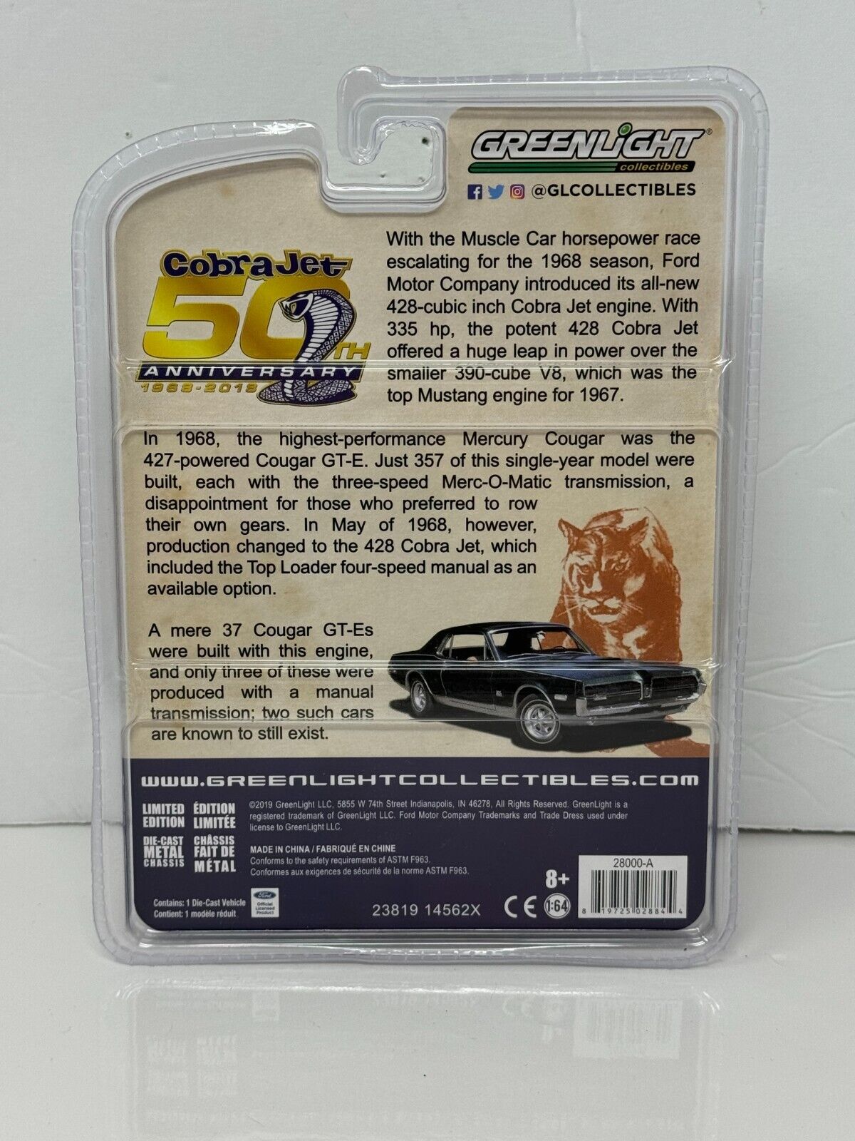 Greenlight Cobra Jet 50th Anniversary 1968 Mercury Cougar XR7 GT 1:64 Diecast