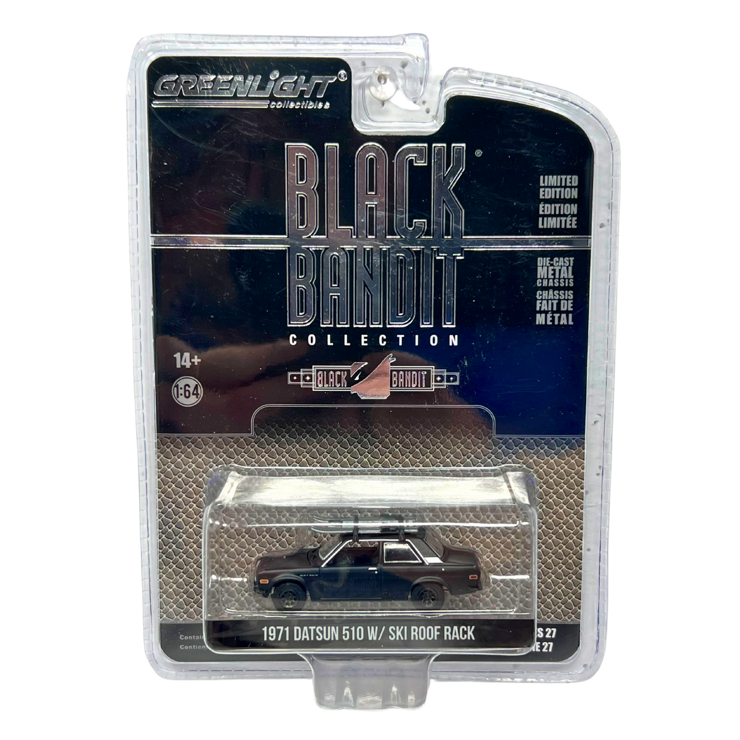 Greenlight Black Bandit 1971 Datsun 510 w Ski Roof Rack 1:64 Diecast V3