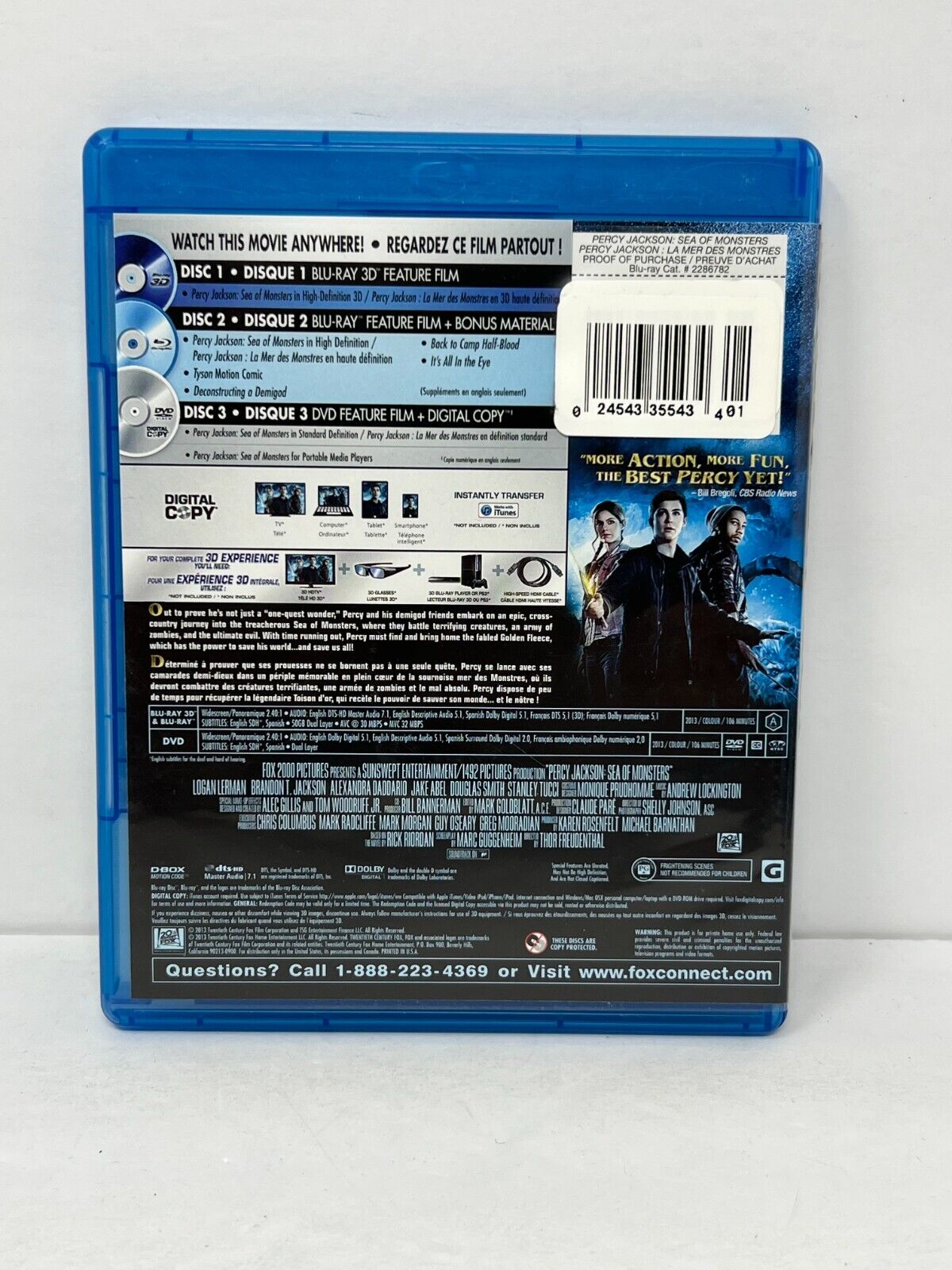 Percy Jackson Sea of Monsters (Blu-ray 3D) Fantasy Good Condition!!!